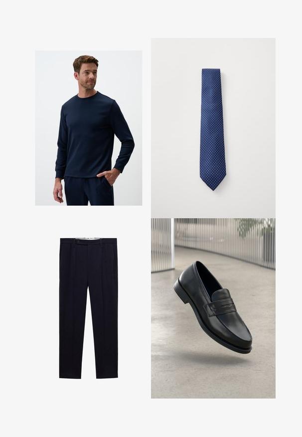 Granatowa koszula z długim rękawem, wykonana z miękkiego materiału, z okrągłym dekoltem, ściągaczami przy mankietach i luźnym krojem. W zestawie ze pasującymi spodniami.; Biała, długorękawowa koszula zapinana na guziki z wyrazistym kołnierzykiem, o gładkiej fakturze i siedmioma guzikami z przodu.; Granatowe spodnie o prostym kroju, z podwójnymi plisami i zapięciem na guzik w talii. Wykonane z gładkiego materiału bez wzorów.; Czarna skórzana wsuwana półbut, o gładkiej fakturze, spiczastym nosku i ozdobnym paskiem na podbiciu. Lekka podeszwa, minimalistyczny design.; Granatowy krawat z małym wzorem w białe kropki, wykonany z gładkiego materiału, z ostrym końcem i standardową szerokością.