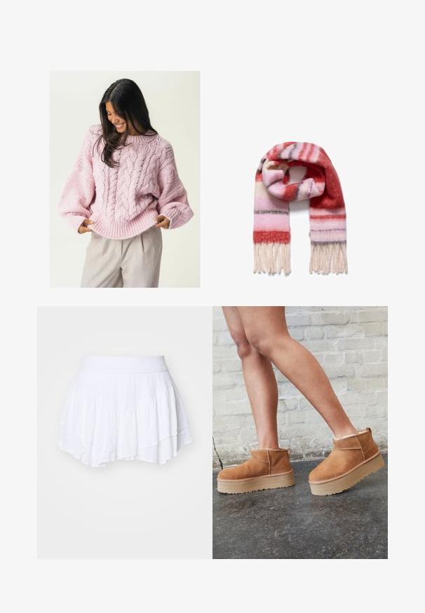 Vaaleanpunainen neulepaita, jossa on kaapelikuvio, leveät hihat ja ribbireunus. Kangas näyttää pehmeältä ja paksulta, mikä lisää lämpöä.; Hollister Co. TIERED FEMME - Vekkihame - bright white; Ruske mokasine do gležnja od nubuk kože s mekim podstavom, debelim bež platformama i stražnjim držačem. Teksturirana površina s vidljivim detaljima šavova.; Raidallinen huivi pehmeästä, teksturoidusta villasta; siinä on punaisia, vaaleanpunaisia ja valkoisia raitoja sekä kevyitä hapsuja päissä.