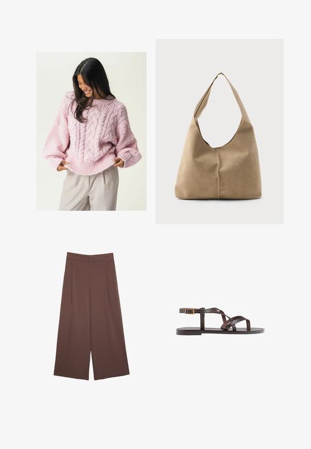Svetlo roza pleteni pulover z vzorcem pletenice, širokimi rokavi in ribanim robom. Tkanina se zdi mehka in masivna, kar povečuje toplotno izolacijo.; Rjave široke hlače z gladko teksturo, ki imajo visok pas in sprednje naborke. Tkanina je lahka in prosto pada.; Rjav usnjen sandal z načinom prečnega črta, zaklepom okoli gležnja in ravnim podplatom z minimalnimi šivi.; Hobo torba iz mehkega bež nubuka z ohlapno obliko, širokim ramenskim trakom in ročno šivanim šivom po sprednji strani.