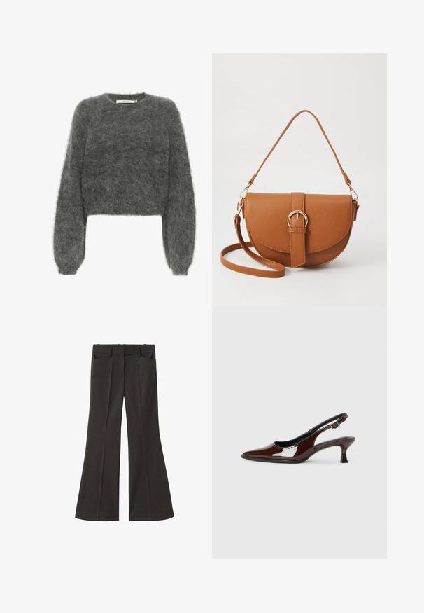 Klippt tröja i grått, tillverkad av mjukt, fluffigt material, med långa ärmar och rund halsringning. Minimalistisk design utan mönster.; Svarta utsvängda byxor med hög midja; har två framfickor och en mjuk tygtextur. Lämpliga för olika tillfällen.; Brun lackläder slingback-sko med spetsig tå och en måttlig klack. Utrustad med en spännband för säker passform. Slät textur.; Brun läder crossbody-väska med en böjd form, gyllene detaljer och en spänneaccent. Har en avtagbar axelrem.