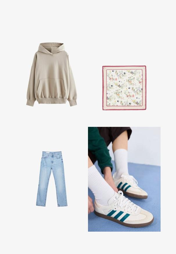 Felpa con cappuccio beige realizzata in tessuto morbido, dotata di una tasca frontale, polsini e orlo a costine. Maniche lunghe con vestibilità rilassata.; Camicia bianca a maniche lunghe realizzata in cotone. Presenta un'apertura a bottoni sul davanti, colletto a punta e una tasca sul petto sul lato sinistro.; Jeans in denim azzurro chiaro con taglio dritto, design a cinque tasche e cuciture visibili. Vita a media altezza con chiusura classica a bottone e zip.; Scarpe sportive bianche con strisce teal, tomaia texture e suole in gomma marrone. Abbinate a calzini bianchi a coste.; Foulard quadrato in seta con un design di fiori e uccelli in colori pastello, bordato da un bordo ondulato rosa. Texture morbida e leggero.