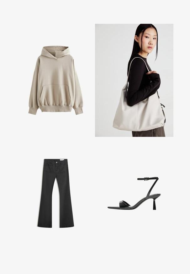 Hanorac bej cu glugă, fabricat dintr-un material moale, dotat cu un buzunar frontal, manșete și tiv cu model côtillat. Mâneci lungi cu o croială relaxată.; Blugi negri evazați din denim cu o textură netedă, având două buzunare la spate și închidere cu buton la talie.; Bershka Sandale cu toc - black; Geantă bej din material moale, cu un design lejer, detalii cusute și două bretele pentru umăr. Potrivită pentru utilizarea zilnică.