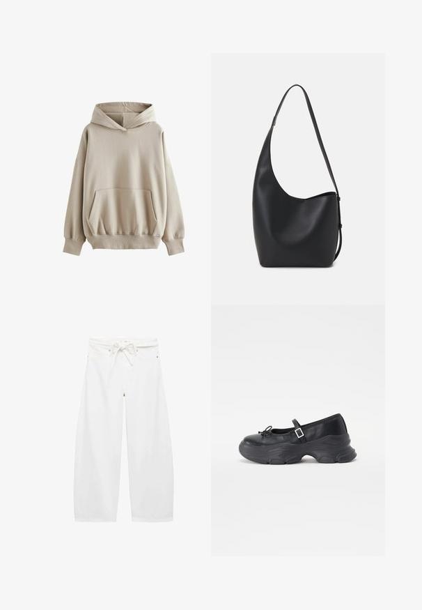 Felpa con cappuccio beige realizzata in tessuto morbido, dotata di una tasca frontale, polsini e orlo a costine. Maniche lunghe con vestibilità rilassata.; Pantaloni bianchi a gamba larga realizzati in tessuto leggero, con vita regolabile con cordino, due tasche frontali e semplici dettagli in metallo.; Scarpa Mary Jane in pelle nera con punta arrotondata, dettaglio a fiocco e cinturino alla caviglia regolabile. Presenta una suola in gomma spessa con accenti curvi.; Borsa hobo nera in pelle con una superficie liscia, forma curvata e una singola tracolla regolabile; presenta un'ampia apertura nella parte superiore.