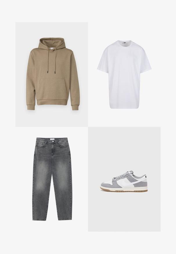 Hættetrøje i lys brun, lavet af blødt stof. Har en frontlomme og ribbede manchetter. Enkel design med snorer.; Hvid bomulds t-shirt med korte ærmer, rund halsudskæring, afslappet pasform, og ingen synlige logoer eller mønstre. Glat tekstur og minimalistisk design.; Høj talje, løstsiddende jeans i falmet sort denim. Har fem lommer, bæltestropper og et rent, lige ben design.; Grå og hvid sneaker med en overdel i ruskind og læder, rund tå, flade snørebånd og en gummisål med en gummifarvet detalje.