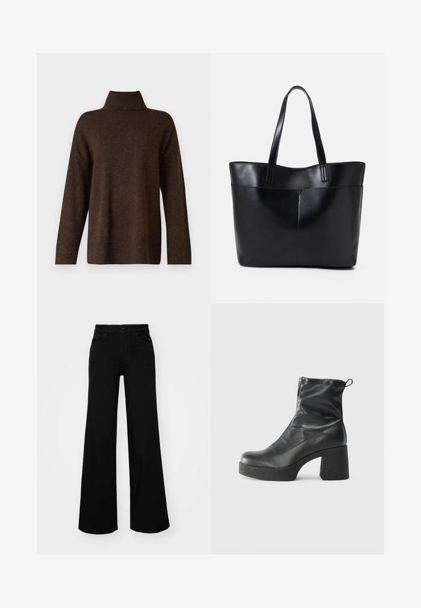 Brauner Strickpullover mit hohem Rippkragen, weiten Ärmeln und weicher Textur. Verfügt über eine lockere Passform und Rippdetails an den Ärmeln.; Schwarze weit geschnittene Hose aus Denim, mit einem strukturierten Bund, Gürtelschlaufen und Fronttaschen. Glatte Textur mit klassischem Design.; Schwarze Stiefeletten aus glattem Leder mit seitlichem Reißverschluss, klobigem strukturiertem Absatz und runder Zehenform.; Schwarze Leder-Shopper-Tasche mit zwei langen Griffen, einer glatten Textur und einer strukturierten Form. Verfügt über eine Vordertasche für zusätzlichen Stauraum.