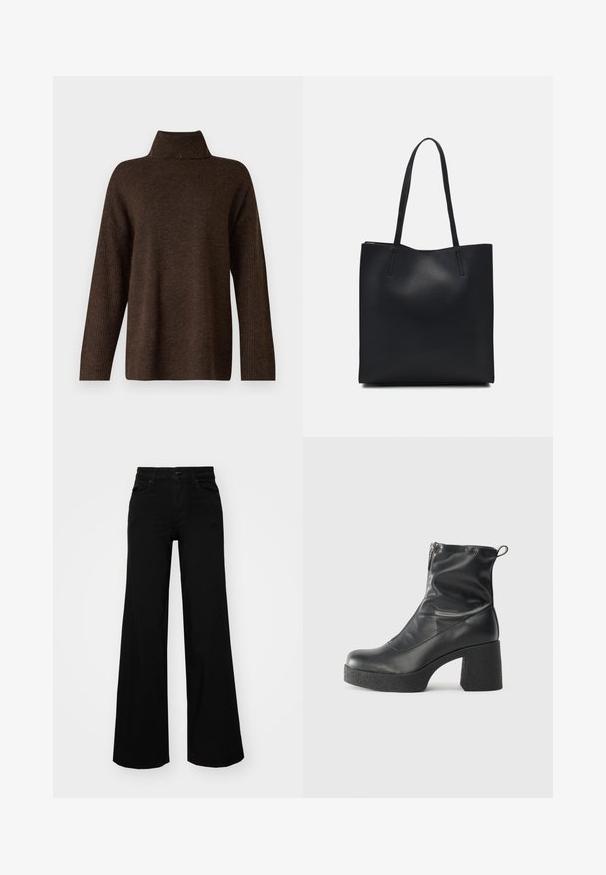Rjav pleteni pulover z visokim rebrastim ovratnikom, širokimi rokavi in mehkobno teksturo. Ima sproščen kroj in rebraste detajle na rokavih.; Črne široke denim hlače s strukturiranim pasom, z zankami za pas in sprednjimi žepi. Gladka tekstura s klasičnim dizajnom.; Črne gležnjarje iz gladke kože z božnim zadrgo, masivnim teksturiranim peto in zaobljeno obliko prstov.; Črna usnjena torba s svilnato teksturo, pravokotne oblike in dvema dolgima ročajema. Brez vidnih metalnih delov ali okrasnih elementov.