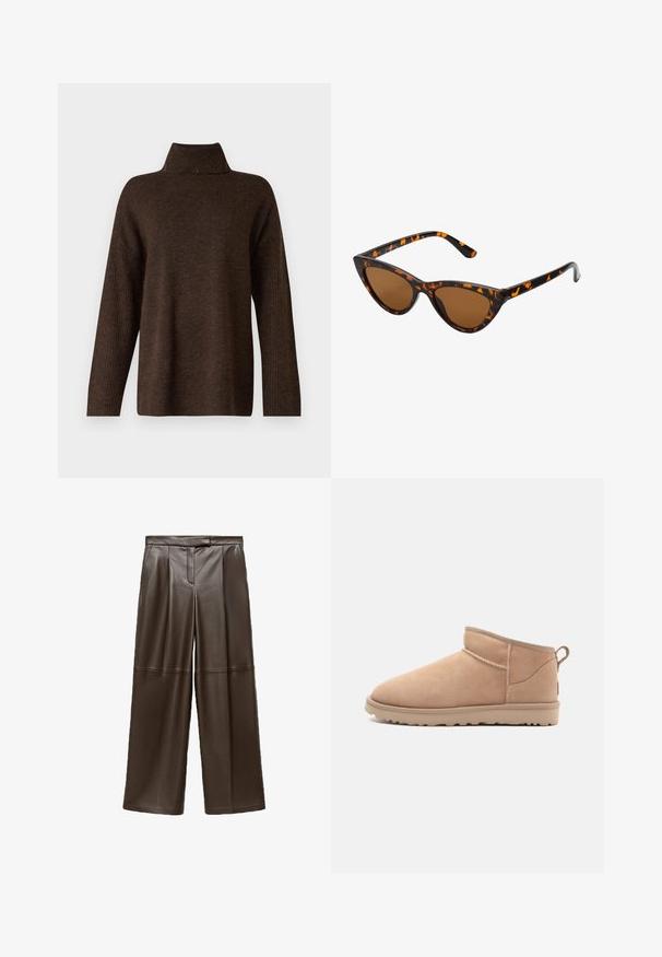 Hnedý pletený sveter s vysokým rebrovaným golierom, širokými rukávmi a jemnou textúrou. Má voľný strih a rebrované detaily na rukávoch.; Hnedé kožené nohavice so širokými nohavicami s hladkou textúrou, s prehybmi vpredu a klasickým dizajnom pása.; Svetlé semišové členkové čižmy s okrúhlou špičkou, jemnou textúrou, jednoduchým dizajnom a nízkoprofilovou gumovou podrážkou. Obsahujú pomocný pásik na zadnej strane.; Mačacie slnečné okuliare s čiernym a oranžovým želvovinovým rámom, hnedými sklami a elegantnými, špicatými koncami. Obsahujú minimalistické logo na spánku.; Hnedá semišová taška cez telo s textúrovaným povrchom, zlatým retiazkovým akcentom a nastaviteľným koženým popruhom. Obsahuje zipsové uzatváranie.