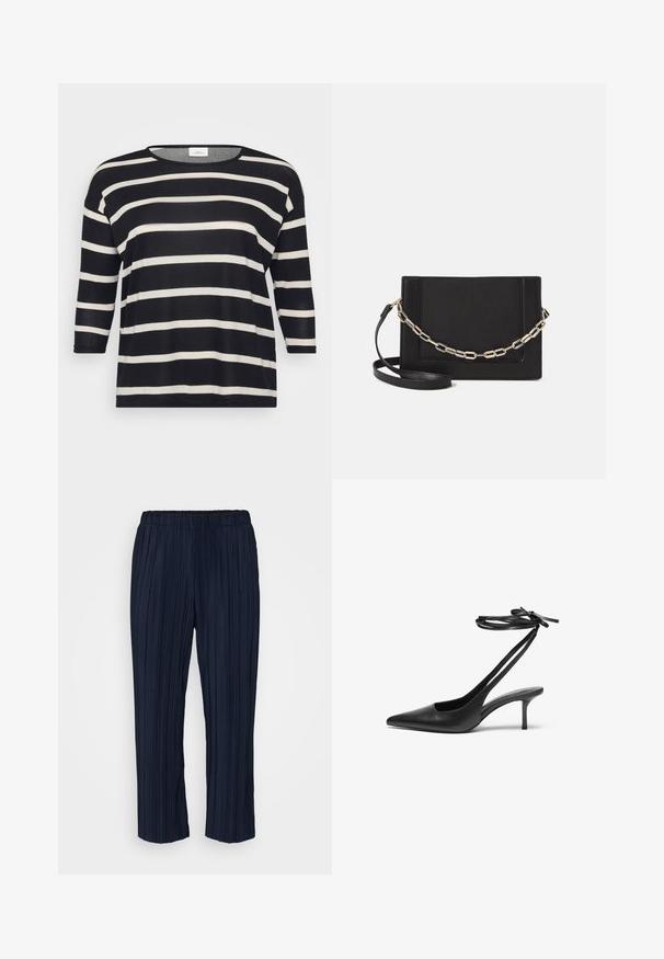 Svart og hvitstripet langermet topp med rund hals og løs passform; myk stoff, horisontale striper, og 3/4 ermer.; Marineblå plissert bukser med elastisk liv, med vertikale striper og en avslappet passform, som ender rett over anklene.; Sorte lær stiletto-sko med spiss tå, åpen bakdel og ankelremmer knyttet i sløyfe. Tynn 3-tommers hæl. Glatt tekstur, minimalistisk design.; Svart lær crossbody-veske med glatt tekstur, rektangulær form og metallkjede detaljer på framsiden. Justerbar stroppe inkludert.