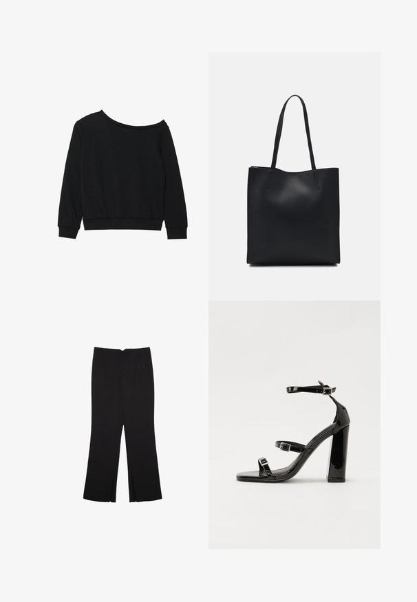 Svart avskuren sweatshirt med långa ärmar, ribbad mudd och midja i ett mjukt, lättviktigt material. Enkel, odekorerad design.; Svarta byxor med rak passform, utrustade med framfickor och sidoklyvningar vid fållen. Tillverkade av mjukt, slätt tyg. Lämpliga för olika tillfällen.; Svarta lackerade klacksandaler med fyrkantig tå, ankelremmar och silverfärgade spännen. Har en kraftig blockklack för stabilitet.; Svart lädertoffelväska med slät textur, rektangulär form och två långa handtag. Ingen synlig hårdvara eller dekorationer.