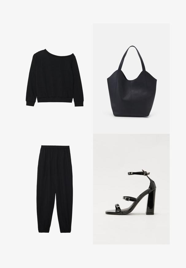 Sweatshirt negru cu umerii descoperiți, cu mâneci lungi, manșete și talie din material moale și ușor. Design simplu, fără ornamente.; Pantaloni negri, ușori, cu un brâu elastic și tivuri strânse. Materialul este neted și are un design relaxat, conic.; Sandale negre din piele lacuită, cu toc înalt, două curele cu catarame, vârf pătrat și toc gros, având o textură netedă și lucioasă.; Geantă de umăr neagră, realizată din piele netedă, cu un design minimalist, având un vârf deschis curbat și două mânere pentru umăr.
