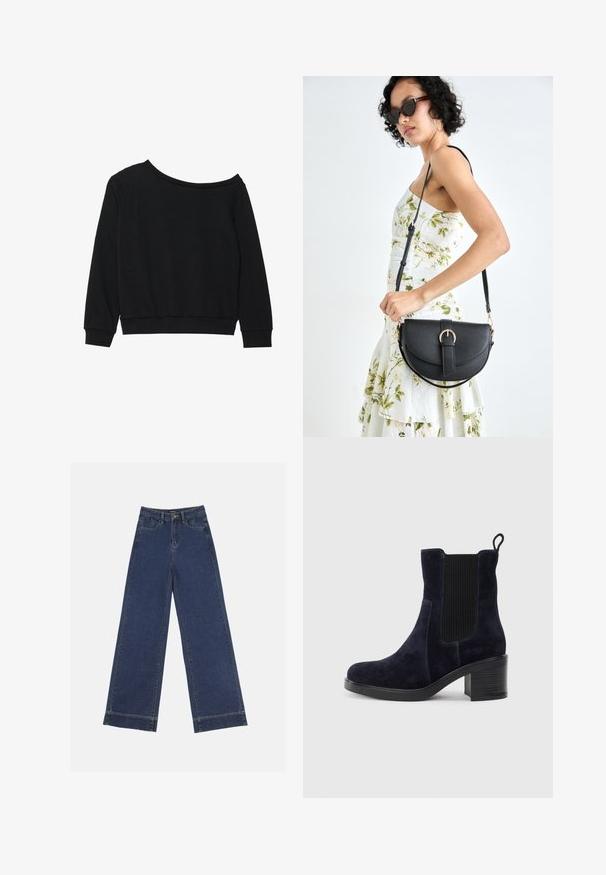 Melna off-shoulder džemperis ar garām piedurknēm, ribinātas aproces un josta no mīksta, viegla auduma. Vienkāršs, bez rotājumiem dizains.; Platās kājas džinsi tumši zilā denima krāsā. Iespējas: piecas kabatas, siksnu cilpas un neapstrādāta apakša ar redzamām šuvju detaļām.; Jūras zilas zamšādas potītes zābaki ar elastīgu sānu paneļu, noapaļotu purngalu un bloku papēdi. Tekstūrizēta auduma un gludas zoles salīdzinājums.; Melnas ādas rokassoma ar izliekta formu, noņemamu siksnu un zelta aksesuāriem. Somai ir vāciņš ar sprādzes detaļu.