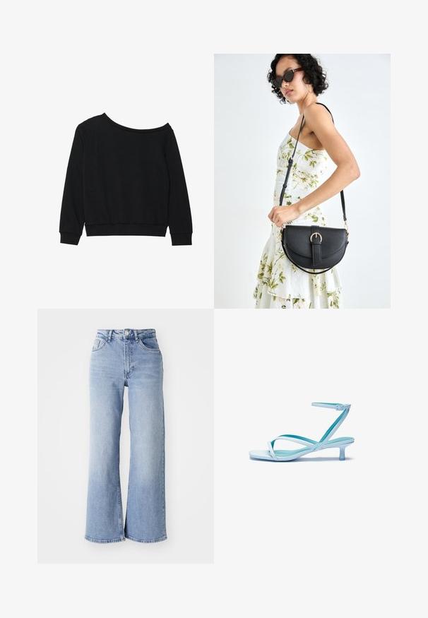Svart off-shoulder sweatshirt med lange ermer, ribbede mansjetter og midje i et mykt, lett materiale. Enkelt, udekorerte design.; Lyseblå høyt liv vide jeans med front- og baklommer, knappelukking og subtile falminger på lårene og kanten.; Lys blå sandaler med stroppene, firkantet tå, lav hæl, justerbar ankelrem og glatt, blank overflate. Kryssete stropper på fotsengen.; Svart lærveske med en buet form, avtagbar stropp og gullbeslag. Vesken har et klaff med spenne-detall.