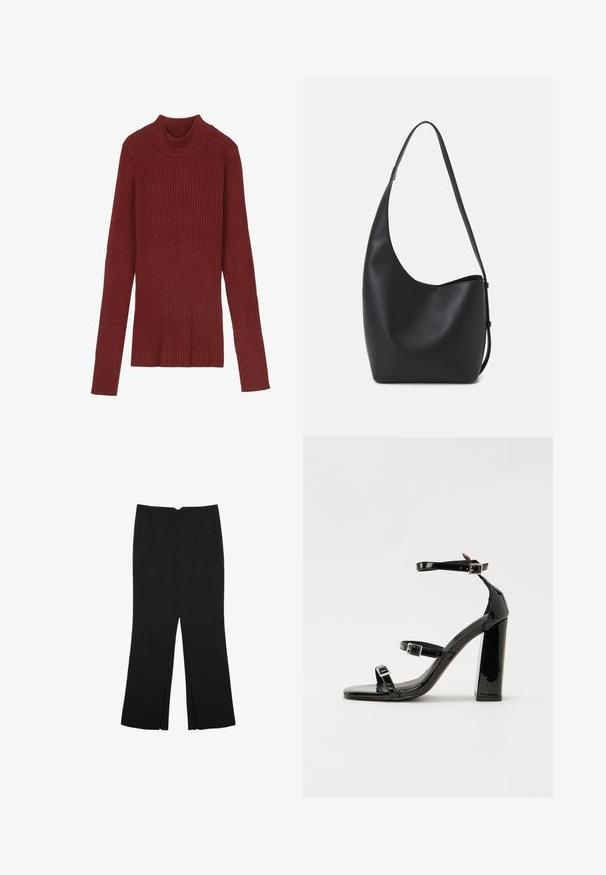 Ribbad, vinröd polotröja med lång ärm och en kroppsnära silhuett. Mjuk textur, minimalistisk design och ingen synlig hårdvara.; Svarta byxor med rak passform, utrustade med framfickor och sidoklyvningar vid fållen. Tillverkade av mjukt, slätt tyg. Lämpliga för olika tillfällen.; Svarta lackerade klacksandaler med fyrkantig tå, ankelremmar och silverfärgade spännen. Har en kraftig blockklack för stabilitet.; Svart läder hobo-väska med en slät textur, kurvig form och en justerbar axelrem; har en bred öppning upptill.