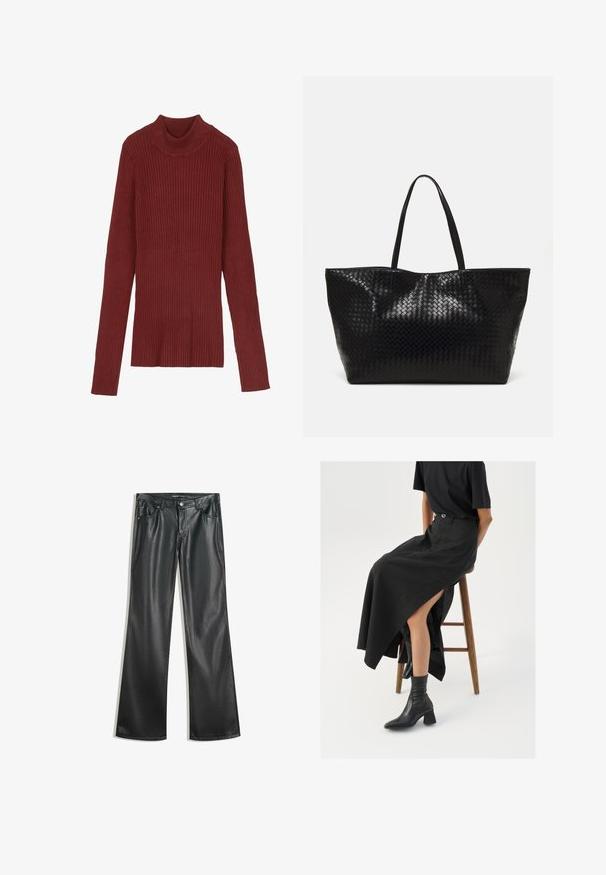 Gestreepte, kastanjebruine coltrui met lange mouwen en een aansluitende pasvorm. Zachte textuur, minimalistisch ontwerp en geen zichtbare hardware.; Zwarte nep leren flared broek met een gladde textuur, vijf zakken, ritssluiting aan de voorkant en contrasterende stiksels.; Zwarte linnen maxi rok met een hoge split, gedragen met een zwart T-shirt en zwarte enkellaarsjes. Minimalistisch ontwerp met een relaxte pasvorm.; Zwarte geweven schoudertas met twee stevige handvatten, met een glanzende textuur en een ruime open bovenkant.