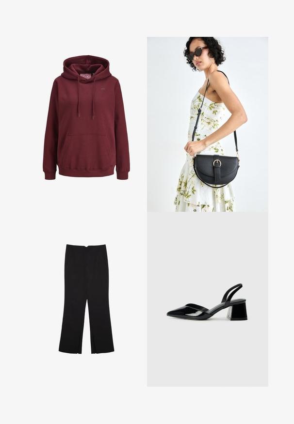 Bordo kapucar iz mehkega blaga s sprednjim kenguru žepom, nastavljivimi vrvicami in majhnim logotipom na prsih.; Črne hlače ravnega kroja z naglavnimi žepi in stranskimi razporki na robu. Narejene iz mehke, gladke tkanine. Primerne za različne priložnosti.; Črne lakirane slingback pete s koničastim nosom in geometrijsko blokasto peto. Imajo eleganten, minimalističen dizajn in gladko teksturo.; Črna usnjena torbica s ukrivljeno obliko, z odstranljivo naramnico in zlatimi dodatki. Torbica ima pokrov s podrobnostmi v obliki zaponke.