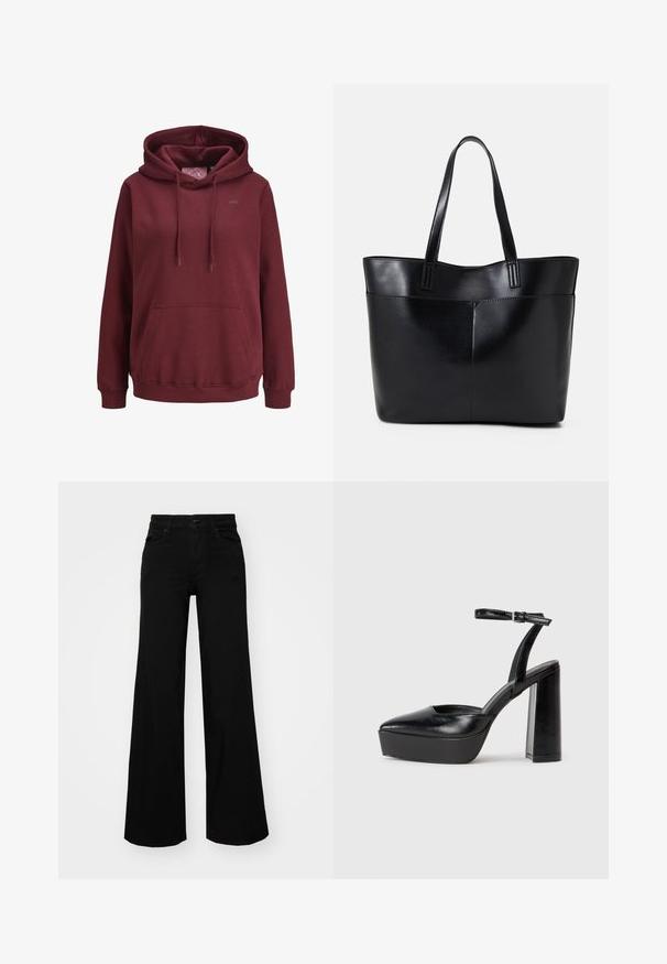 Burgundi värvi kapuutsiga pusak, mis on valmistatud pehmest kangast, ees on tasku, reguleeritavad nöörid ja rinnal väike logo.; Mustad mustad püksid, mis on valmistatud denimist, struktuurse vöökohtade, vöökootidega ja esikottidega. Sile tekstuur klassikalise disainiga.; Mustad platvormi kontsad terava ninaga ja reguleeritava pahkluuraamiga. Valmistatud siledast nahast, funktsioneerib massiivse plokknäheeliga.; Must mustaga musta nahast, millel on kaks pikka kanda, sile tekstuur ja struktureeritud kuju. Esipoolsel on lisakoti jaoks tasku.