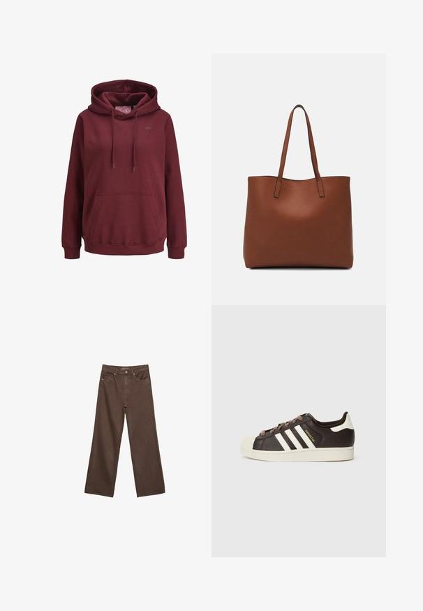 Burgundin huppari, joka on valmistettu pehmeästä kankaasta, jossa on edessä kengurutasku, säädettävät nauhat ja pieni logo rinnassa.; Leviittävät ruskeat farkut, jotka on valmistettu denimistä, korkea vyötärö, etutaskut ja klassinen nappikiinnitys. Silkkinen pinta hienovaraisella ompelutyöllä.; Matala Adidas Superstar -tennari tummanruskeasta nahasta, jossa on kermahtava kuorikärki, valkoiset raidat ja "Superstar"-teksti sivussa.; Ruskea nahkainen olkalaukku, jossa on sileä pinta, avoin yläosa ja kaksi olkahihnaa. Omaavat vain minimaalisen ompelun eikä näkyvää metalliosaa.