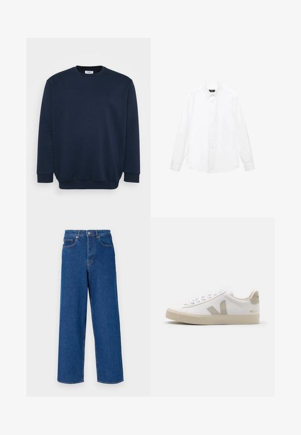 Tamnoplava dukserica izrađena od mešavine mekog pamuka, s okruglim izrezom, dugim rukavima i rebrastim manžetama i donjim rubom. Minimalistički dizajn bez uzoraka.; Bijela košulja dugih rukava s kragnom na gumb, prednjim gumbima, ravnim rubom i mekanom pamučnom tkaninom. Minimalistički dizajn bez uzoraka.; Široke plave traperice od denima, s visokim strukom, dizajnom s pet džepova i kontrastnim šavovima duž šavova i džepova.; Bijele kožne tenisice s bež naglascima, ravnim gumenim potplatom, okruglim vrhom i kontrastnim logotipom s bočne i stražnje strane. Dizajn svezanja.