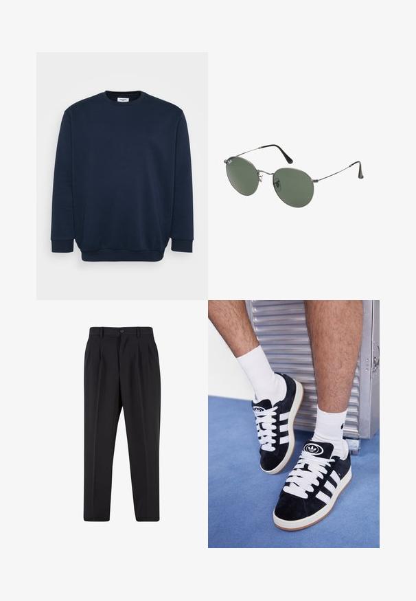 Námornícky modrá mikina vyrobená z mäkkého zmesového bavlneného materiálu, s okrúhlym výstrihom, dlhými rukávmi a rebrovanými manžetami a spodným okrajom. Minimalistický dizajn bez vzorov.; Čierne nohavice s plisovaným predným dizajnom, vyrobené z hladkej látky. Majú zapínanie na gombík a pútka na opasok; rovný strih.; Čierne semišové tenisky s bielymi šnúrkami a tromi bielymi pruhmi. Obsahujú kruhové čierne logo na jazyku a gumovú podrážku.; Sunglass s metalovým rámom s oválnymi zelenými šošovkami. Tenký strieborný kovový rám a čierne štuple za uši. Minimalistický dizajn, bez viditeľných log.