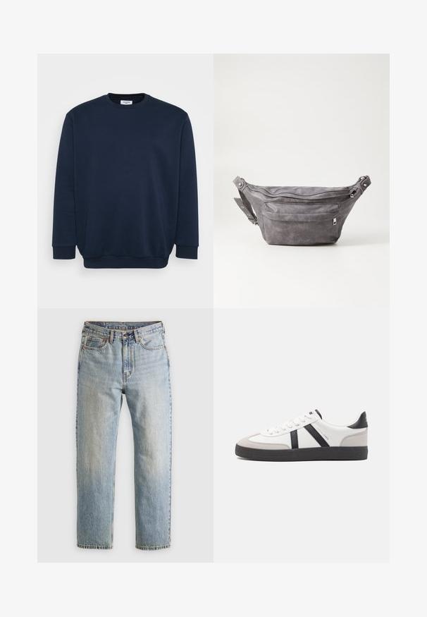 Marineblå sweatshirt lavet af blød bomuldsblanding, med rund hals, lange ærmer og ribbede manchetter og kant. Minimalistisk design uden mønstre.; Lysblå denim jeans med høj talje, frontknap, lynlås og fem-lomme design, lagt fladt på en neutral baggrund.; Hvide sneakers med sorte og grå detaljer, med en tekstureret grå tåhætte, sort gummisål og flade hvide snørebånd. Rent design, minimalistisk stil.; Grå suedefanny pack med en rund form, to lynlåslommer og justerbart strop. Har metalhardware detaljer.