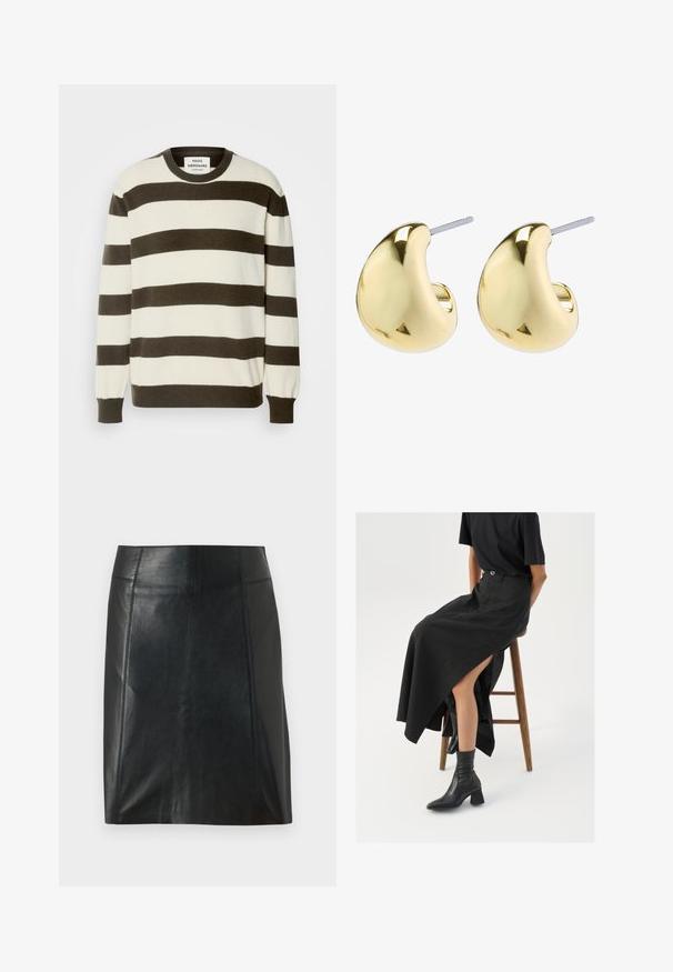 Kremas megztinis su tamsiai rudo atspalvio horizontaliomis juostelėmis. Turi apvalų iškirpimą ir suspaustus rankogalius. Minkšta tekstūra, įprasta siluetas.; Juodas odinis sijonas su prigludusia forma. Sklandžiai tekstūra, siūlės apibrėžiančios formą ir tiesus apvadas. Minimalistiškas ir elegantiškas išvaizda.; Juoda lininė maksi sijonas su aukštu plyšiu, vilkimas su juodu marškinėliu ir juodais aulinukais. Minimalistinis dizainas su laisvu siluetu.; Auksinės auskarai su lygiu, apvaliu pavidalu, turintys atspindinčią paviršių ir užsegimą, užtikrinančių saugų nešiojimą.