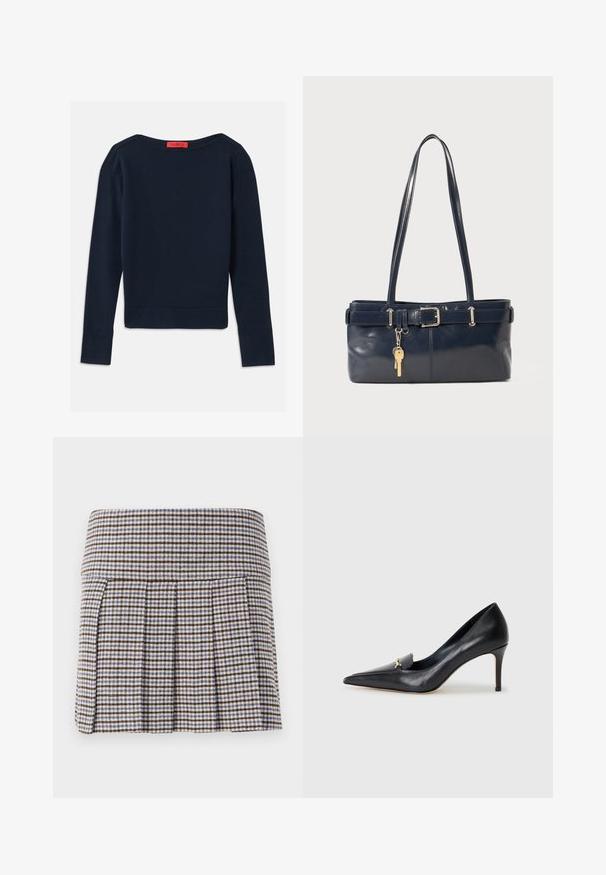 Suéter de gola redonda de mangas longas em azul-marinho com um rótulo vermelho na gola, exibido de forma plana sobre um fundo branco.; Saia plissada em padrão xadrez castanho, bege e azul. Feita de um tecido texturizado com uma cintura justa e pregas decorativas.; Sapatilha de couro preto com bico fino, vamp baixo e um detalhe decorativo em ouro. Apresenta um salto agulha e uma textura suave.; Bolsa de couro azul-marinho com duas alças longas, um detalhe de fivela e um porta-chaves anexado. Apresenta uma textura suave e uma forma retangular.