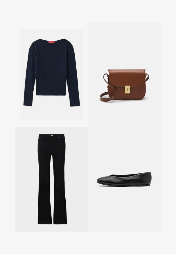 Navy blue long-sleeve crewneck sweater with a red label at the neckline, displayed flat on a white background.; Black flared jeans made of denim, featuring two front pockets, a button closure, and a smooth texture. Signature stitching visible at seams.; Paul Smith TOPANGA - Ballet pumps - black; Brown leather handbag with a flap closure, gold-tone hardware, a shoulder strap, and a smooth texture. Compact rectangular shape.