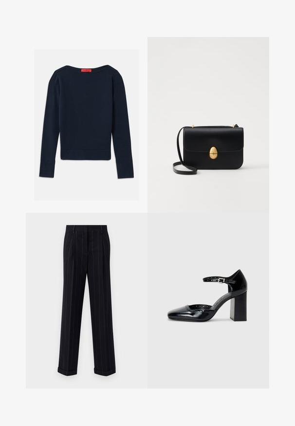 Sötétkék, hosszú ujjú, kerek nyakú pulóver, piros címkével a nyakkivágásnál, fehér háttéren, laposan bemutatva.; Fekete csíkos nadrág, testre szabott fazonnal, cuffolt szegéllyel és elülső redőkkel. Sima anyagból készült, strukturált kialakítással.; Fekete patent bőr, magas sarkú cipők négyzetes orral, bokapánttal és vastag sarkal. A szélén lyukacsos díszítéssel.; Fekete bőr kézitáska, struktúrált, téglalap alakú formával. Arany ovális kapoccsal és vékony vállpánttal rendelkezik. Sima textúrájú.