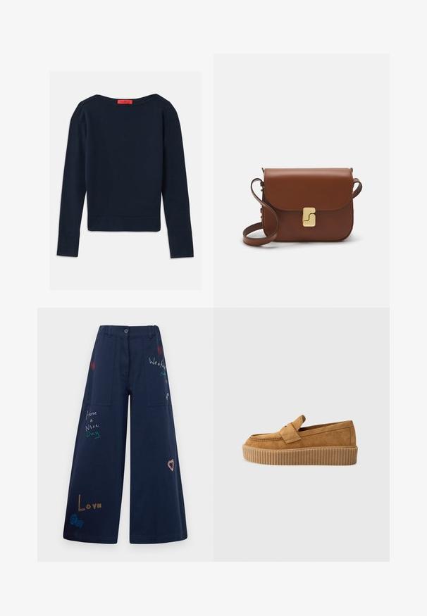 Granatowy sweter z długim rękawem i okrągłym dekoltem, z czerwoną metką przy dekolcie, wyeksponowany na białym tle.; Granatowe spodnie z szerokimi nogawkami wykonane z bawełny, z licznymi kieszeniami. Ozdobione kolorowymi haftowanymi napisami i grafikami, w tym sercami i zabawnymi hasłami.; Brązowe zamszowe mokasyny z okrągłym noskiem, z wyprofilowaną podeszwą platformową i dekoracyjnym paskiem na górze.; Brązowa skórzana torebka na ramię z klapką, złotymi detalami, paskiem na ramię i gładką teksturą. Kompaktowy prostokątny kształt.