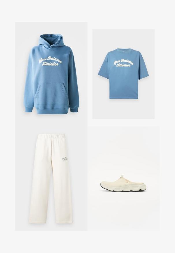 Felpa blu realizzata in tessuto misto cotone, con una tasca a marsupio e un logo bianco "New Balance Athletics" sul davanti.; T-shirt in cotone blu con vestibilità ampia, dotata di maniche corte e scollatura rotonda. Logo "New Balance Athletics" stampato centralmente in bianco.; Pantaloni a gamba larga di colore crema realizzati in materiale morbido con cintura elastica. Presentano un delicato testo ricamato di colore verde sul davanti.; Scarpa slip-on in rete crema con suola bianca spessa e suola nera testurizzata. Presenta un gancio sul tallone per indossarla facilmente.