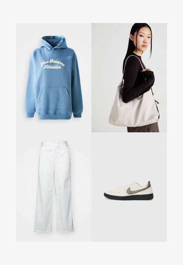 Zila kapuce izgatavota no kokvilnas maisījuma auduma, ar kanguru kabatu un baltu "New Balance Athletics" logo priekšpusē.; Balti platie kājas bikses no kokvilnas, ar gludu tekstūru, taisnu piegriezumu, priekšējām kabatām un tīru apakšmalu.; Nike Sportswear FIELD GENERAL - Treniņu apavi - off-white/black; Bežs rokassoma, izgatavota no mīksta materiāla, ar brīvu dizainu, izšūtu apdari un divām plecu siksnām. Piemērota ikdienas lietošanai.