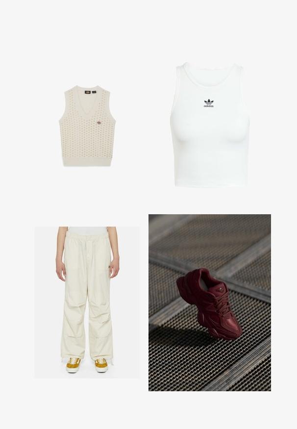Gilet lavorato a maglia senza maniche di colore crema con scollo a V, caratterizzato da un motivo testurizzato di punti in rilievo e un piccolo logo applicato.; Canotta bianca in cotone con una texture a coste aderente, scollatura rotonda e logo Adidas ricamato in nero sul davanti.; Pantaloni cargo color crema con vestibilità ampia, vita elastica e molteplici tasche. Indossati con sneakers marroni e bianche su uno sfondo bianco.; Sneaker bordeaux con una toma superiore testurizzata, design con lacci e contorni della suola pronunciati. Presenta un logo e accenti in materiale sintetico senza cuciture.