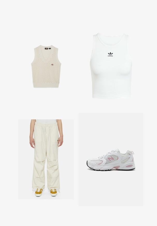 Cremefarbene, ärmellose Strickweste mit V-Ausschnitt, die ein strukturiertes Muster aus erhabenen Punkten und ein kleines Logopatch aufweist.; Weißes Baumwoll-Tanktop mit einer enganliegenden Rippenstruktur, rundem Halsausschnitt und gesticktem schwarzem Adidas-Logo auf der Vorderseite.; HelleCargo-Hosen mit lockerer Passform, elastischem Bund und mehreren Taschen. Getragen mit braunen und weißen Sneakers auf einem weißen Hintergrund.; Weiße Sportschuhe mit Obermaterial aus Mesh und Synthesematerial, pinken Akzenten, gepolstertem Kragen und schwarzer Gummisohle. Mit sichtbaren Perforationen und Logo.