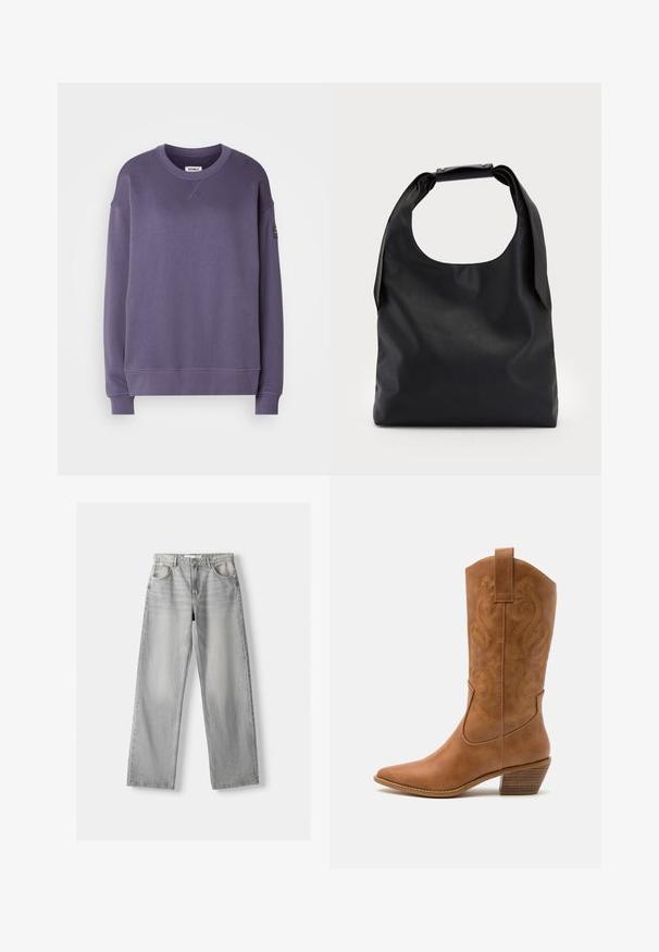 Lila garbónyakú pulóver hosszú ujjal, bordázott mandzsettával és alsó résszel, kicsi részlet a nyak elülső részén, valamint egy fekete címke folt a bal ujján.; Világosszürke farmernadrág egyenes szárú fazonnal, két elülső zsebbel, gombos záródással és diszkrét fakulással a textúra érdekében.; Barna bőr cowboy csizma hegyes orral, hímzett örvény mintákkal a szárán, és stílusos, réteges blokk sarokkal. Kihúzó füle segíti a könnyű felhúzást.; Fekete bőrből készült kézitáska nagy, nyitott tetejű és egyetlen vállpánttal. Lágy tapintású, minimalista kialakítású, finom fémes díszítésekkel.; Ez egy ezüst fülbevaló, sima felülettel, amelyen apró arany díszítőelemek találhatók. Kerek formájú és a fülcimpán viselik.