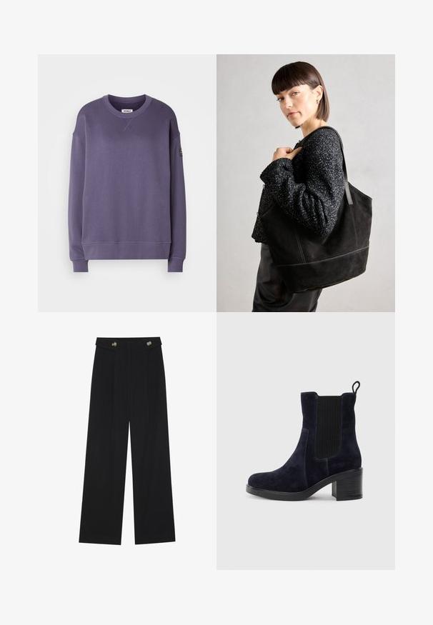 Lilla genser med rund hals og lange ermer, ribbestrikkede mansjetter og nederkant, liten detalj foran ved halsen, og en svart logo-lapp på venstre erme.; Svart vide bukser med høy midje, knappdetaljer på midjebåndet og frontplisser.; Mørkeblå skinn ankelsko med elastisk sidepanel, avrundet tå og blokkhelt. Tekstilt stoff og glatt såle gir kontrast.; Svart semsket tote-veske med en jevn tekstur, strukturert form og kontrasterende sømmer. Har lange stropper for skulderbæring.