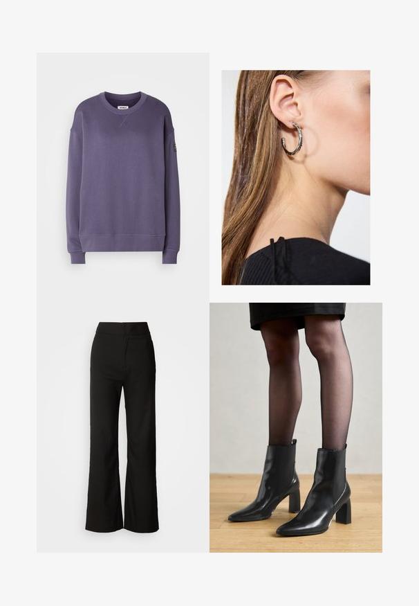 Fialová mikina s okrúhlym výstrihom a dlhými rukávmi, s rebrovanými manžetami a lemom, malým detailom na prednej časti a čiernym štítkom na ľavom rukáve.; Čierne široké nohavice s hladkou textúrou, vysokým pásom a jednoduchým dizajnom. Žiadne viditeľné vrecká ani ozdoby.; Čierne kožené členkové topánky s špicatou špičkou, robustný štvorcový opätok a elegantný dizajn. Obsahujú elastické bočné panely pre jednoduché obúvanie.; Strieborná kruhová náušnica s lesklým povrchom, obsahujúca malé zlaté akcenty a okrúhly tvar, nosená na lalôčiku ucha.