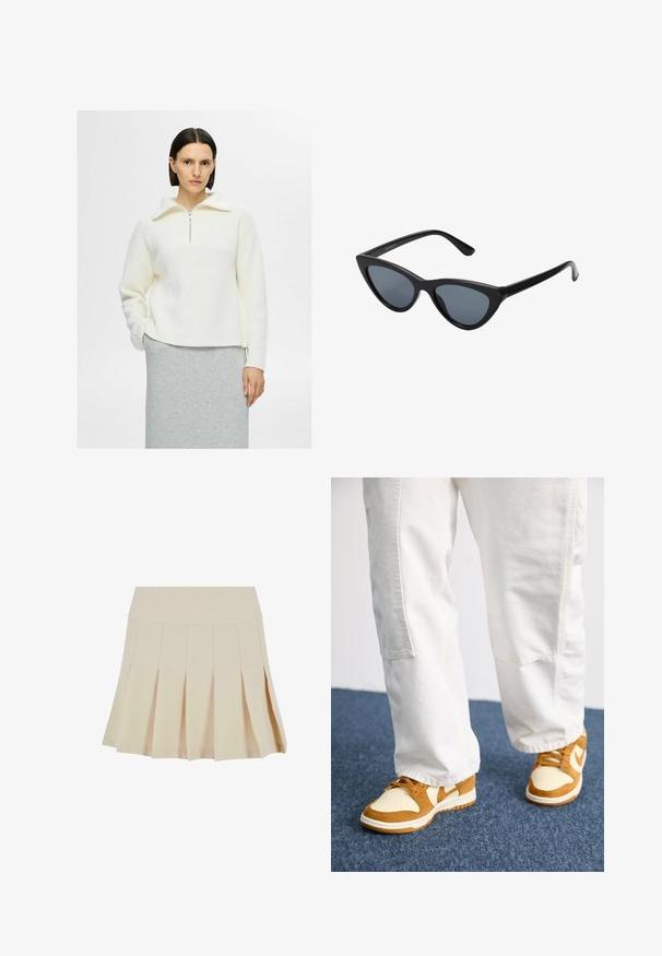Weißer Strickpullover mit einem Viertelreißverschluss-Kragen, strukturiertem Muster und Schulterdesign mit tiefem Sitz. Kombiniert mit einem grauen Rock.; Beige Faltenrock mit einem taillierten Bund, aus einem glatten Stoff gefertigt. Verfügt über mehrere vertikale Falten und einen geraden Saum.; Braune und cremefarbene Sneaker aus Wildleder und Leder, mit perforierter Zehenpartie, Schnürsenkeln und weißen Sohlen. Getragen mit weißen Hosen.; Schwarze Cat-Eye-Sonnenbrille mit dunkelgrauen Gläsern, schlankem Kunststoffrahmen, spitzen Ecken und geraden Bügeln. Keine sichtbaren Befestigungen oder Akzente.