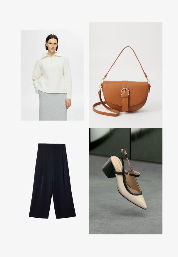 Bijela pletena majica s polu-zip ovratnikom, teksturiranim uzorkom i dizajnom s dropskim ramenima. Uparen sivoj suknji.; Široke crne hlače izrađene od lagane tkanine. Imaju nabran prednji dio, visok struk i slobodan kroj oko nogu.; Bež cipele s otvorenom petom i šiljastim vrhom, crnim obrubom, zlatnom kopčom i debelim blok-petom na sivom podu s tamnozelenom pozadinom.; Smeđa kožna torba preko tijela s zakrivljenim oblikom, zlatnim metalnim detaljima i naglaskom na kopču. Ima odvojivu naramenicu.