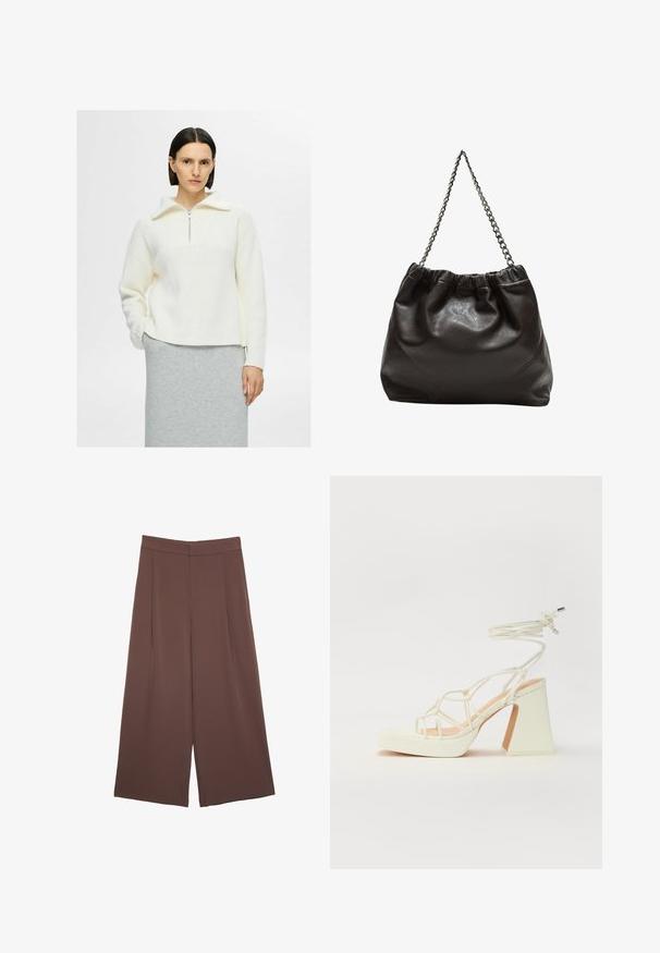 Hvid strikket pullover med en kvart lynlås krave, tekstureret mønster og drop shoulder design. Kombination med en grå nederdel.; Brune bredbunde bukser med en glat tekstur, der har høj talje og plisseringer foran. Stoffet er let og falder løst.; Hvide højhælede sandaler med en kraftig hæl, der har et stropdesign og ankelbinding. Glat tekstur med en platform foran for ekstra højde.; Brun lædertaske med en rynket top og en kædestrop. Glat tekstur med en blank finish og subtile sømdetaljer på siderne.