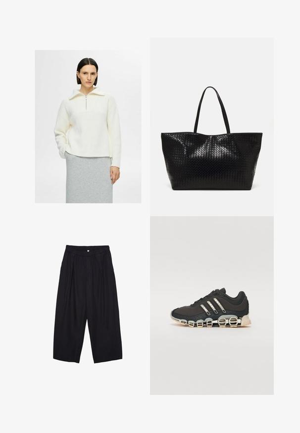 Witte gebreide pullover met een kwart-rits kraag, textuur patroon en een design met verlaagde schouders. Gecombineerd met een grijze rok.; Zwarte polyester culottes met een elastische tailleband, twee voorkreukels en een losse pasvorm. Geen zichtbare patronen of hardware-details.; Zwarte sportschoen met een gestructureerde bovenkant, drie zilveren strepen en een kenmerkende dempingszool met meerdere geïntegreerde secties.; Zwarte geweven schoudertas met twee stevige handvatten, met een glanzende textuur en een ruime open bovenkant.
