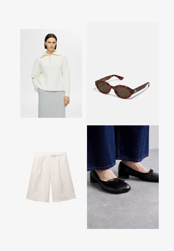 Hvid strikket pullover med en kvart lynlås krave, tekstureret mønster og drop shoulder design. Kombination med en grå nederdel.; Beige linnedragt med brede ben, der har folder foran og en glat talje. Stoffet har en let struktureret overflade.; Sorte lædersko med firkantet tå og lille hæl, prydet med en dekorativ sløjfe foran. Båret med mørke denimbukser.; Skildpaddemønstret solbriller med runde rammer, mørke linser og gulds logo detaljering på stængerne. Glat plastmateriale, ingen synlige mønstre.
