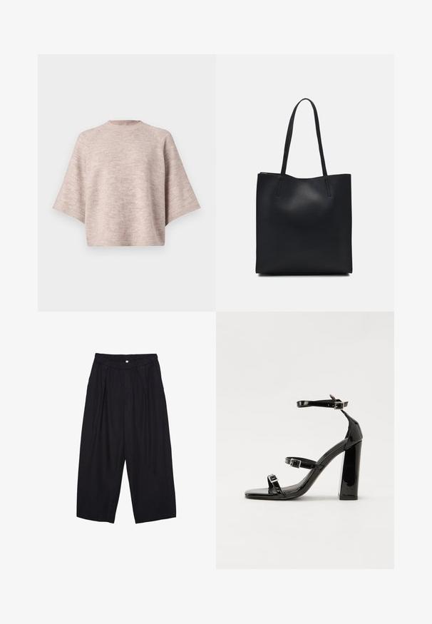 Jasnoróżowy, oversize sweter z okrągłym dekoltem, szerokimi rękawami i miękką, dzianinową fakturą. Brak widocznych wzorów czy detali metalowych.; Czarne spodnie culotte z poliestru z elastycznym pasem, dwoma fałdami z przodu i luźnym krojem. Brak widocznych wzorów lub elementów metalowych.; Czarne lakierowane sandały na obcasie z kwadratowym noskiem, z paskami wokół kostki i srebrnymi klamrami. Posiadają masywny słupek dla stabilności.; Czarna skórzana torba tote o gładkiej fakturze, prostokątnym kształcie i dwóch długich uchwytach. Brak widocznych elementów metalowych i ozdób.