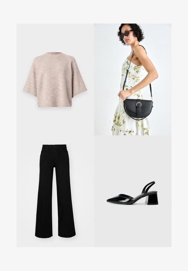 Light pink oversized sweater with a crew neckline, wide sleeves, and soft, knitted texture. No visible patterns or hardware details.; Black wide-leg pants made of denim, featuring a structured waistband, belt loops, and front pockets. Smooth texture with a classic design.; Black patent leather slingback heels with a pointed toe and a geometric block heel. Features a sleek, minimal design and smooth texture.; Black leather handbag with a curved shape, detachable strap, and gold hardware. The bag features a flap with a buckle detail.