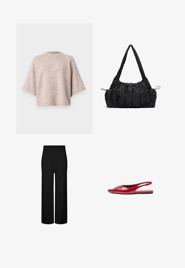 Pull oversized rose clair avec un col rond, des manches larges et une texture tricotée douce. Aucun motif ni détail en matériel visible.; Pantalons noirs à jambes larges avec une taille élastique, présentant une texture lisse et sans motifs ni accents visibles.; Chausson plat en cuir rouge avec un bout pointu et un détail de lacets décoratif sur le devant, présentant une fine bride à la cheville et une semelle plate.; Sac à main en tissu noir avec texture froncée, deux poignées pour l'épaule et fermeture à cordon sur les côtés. Matériau lisse et léger.