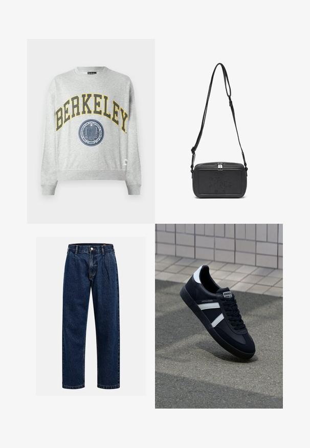 Grå sweatshirt med et gult "BERKELEY" print og et blåt segl grafik. Ribbet manchetter og kant, med et mærke på venstre nedre side.; Cremefarvet bomulds t-shirt med korte ærmer og rund halsudskæring. Har et grafisk print i blåt og rødt med tekst og motiv.; Mørkeblå denimjeans med lige ben-design. Har synlige syninger, en knaplukning og frontfoldninger for ekstra detalje.; Sort lædersneaker med hvide striber, tekstureret gummisål og snørrebånd foran. Har et brandet mærke på tungen.; Sort læder crossover taske med lynlåslukning, præget logo på fronten og justerbar rem. Glat tekstur med rektangulær form.
