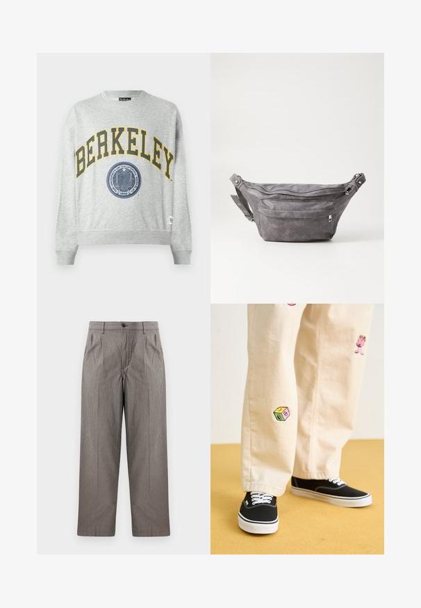 Pilkas džemperis su geltonu užrašu "BERKELEY" ir mėlynu herbu. Su raukiniais ant rankovių ir apačios, su etikete kairėje apačioje.; Pilkos hounds-tooth rašto kelnės su tiesio kirpimo dizainu, turinčios raukšlių, liemens su mygtuku uždarymo ir šonines kišenes.; Bežinės medvilninės kelnės su žaismingais siuvinėjimais, įskaitant rožinį personažą ir spalvotą bloką, derinamos su juodais bateliais su raišteliais.; Pilkas suedes fanny pack'as apvalios formos, su dviem užtraukiamais skyreliais ir reguliuojama diržele. Yra metaliniai aksesuarai.