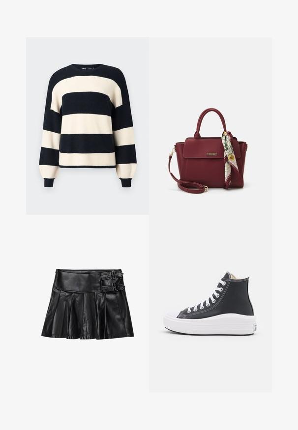 Triibuline sviiter, millel on laiad tumesinised ja kreemjad horisontaalsed triibud. Ribbitud kaelus ja mansetid ning lõdva istuvusega. Pehme tekstuur.; Must mustriba nahk-seelik voldikute ja laia vöökohtaga, millel on külgedel kaks pandla aksessuaari. Sile tekstuur ja läikiv viimistlus.; Mustad musta värvi kõrge ankle'iga tennisepaar, millel on valged paelad ja kummist põhi. Omab siledat nahkteksti ja valgeid õmblusaktsente.; Burgundi värvi käekott, mis on valmistatud sünteetilisest materjalist, struktureeritud disainiga, eemaldatava rihma ja käepideme külge seotud lillemustrilise salliga.