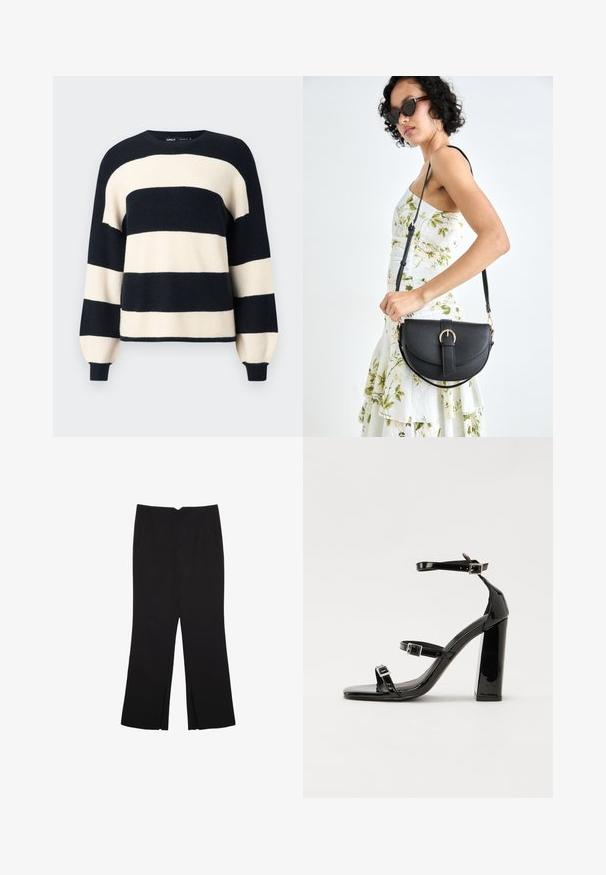 Prugasti pulover s prugama širokih mornarsko plavih i krem boja. Rebrasti izrez i manžetne s opuštenim krojem. Mekana tekstura.; Crne hlače ravnog kroja, s prednjim džepovima i bočnim prorezima na rubu. Izrađene od mekog i glatkog materijala. Pogodne za razne prigode.; Crne lakirane sandale na visoku petu s dva remena s kopčama, kvadratnim vrhom i masivnom blok petom, s glatkom, sjajnom teksturom.; Crna kožna torba s lukovitim oblikom, odvojivim remenom i zlatnim detaljima. Torba ima preklop s kopčom.