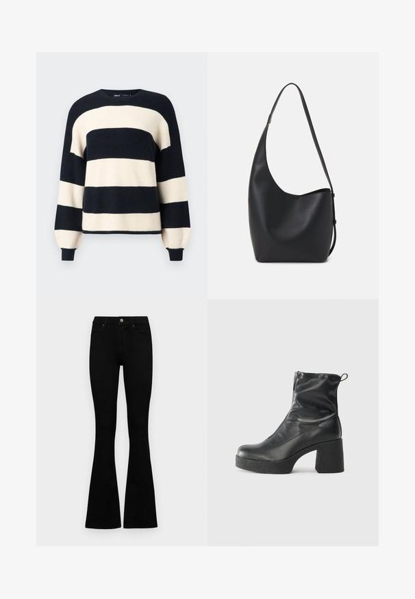 Dryžuotas megztinis su plačiomis tamsiai mėlynomis ir smėlinėmis horizontalėmis juostelėmis. Raukšlėta apykaklė ir rankogaliai, laisvas siluetas. Minkšta tekstūra.; Juodos aukšto liemens džinsai su mygtuku ir užtrauktuku, priekinėmis kišenėmis ir platėjančiomis kojomis, išdėstyti ant baltos fono.; Juodos kulkšninių botai, pagaminti iš lygaus odos, su šoniniu užtrauktuku, masyviu tekstūruotu kulnu ir apvaliu pirštu.; Juodas odinis hobo maišas su lygiu paviršiumi, kreipta forma ir viena reguliuojama rankena; turi platų atidarymą viršuje.