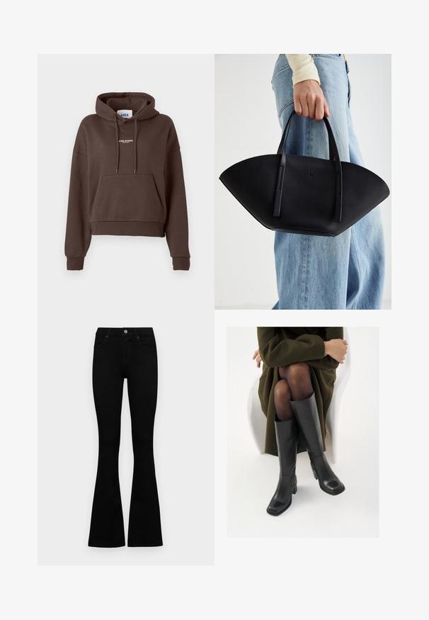 Barna, cropped kapucnis pulóver elülső zsebbel, fehér "JJXX STUDIO" felirattal a mellrészen, húzózsinórral ellátott kapucnival és bordázott mandzsettákkal.; Fekete, magas derekú farmernadrág gomb- és cipzárzárral, elülső zsebekkel és harangszárral, laposan egy fehér háttérre terítve.; Térdfelett érő fekete bőr csizmák négyzet alakú orral és tömbtalppal, olajzöld kabátban ülő modellel bemutatva. Simaság, minimalista részletezés.; Fekete bőr kézitáska egyedi legyezőformával, lapos füllel. A felülete kőriszerű textúrájú és minimalista dizájnnal rendelkezik.